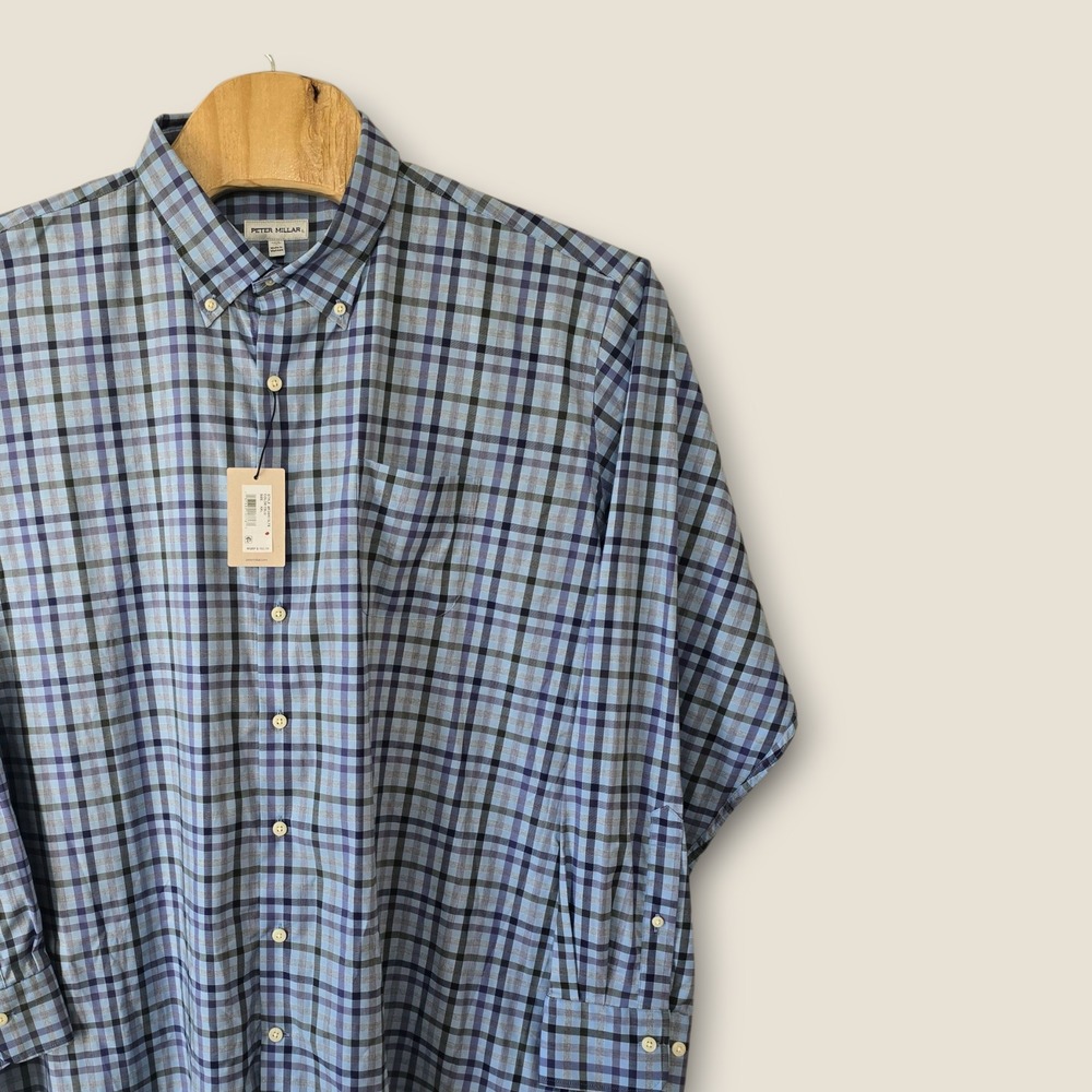 Peter Millar Men's XXL Blue Plaid Button Down Long Sleeve Casual New Dress Shirt